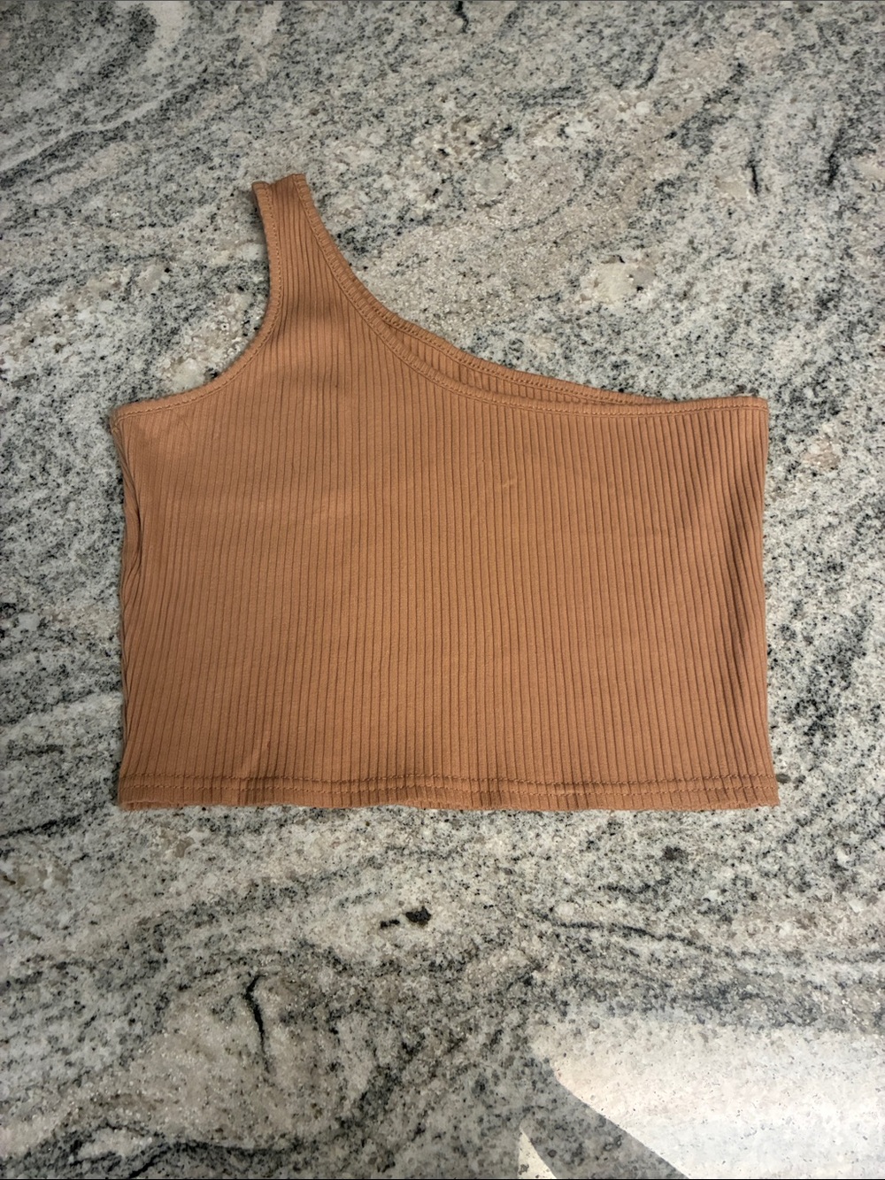 Ribbed One-Shoulder Crop Top in Tan l Medium